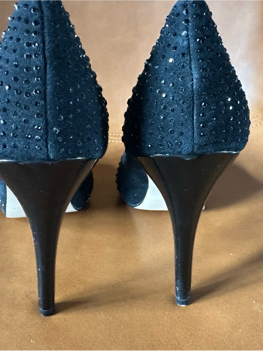 White House Black Market Black Rhinestone Peep Toe 9M Chrystol Party Stiletto - Picture 3 of 12